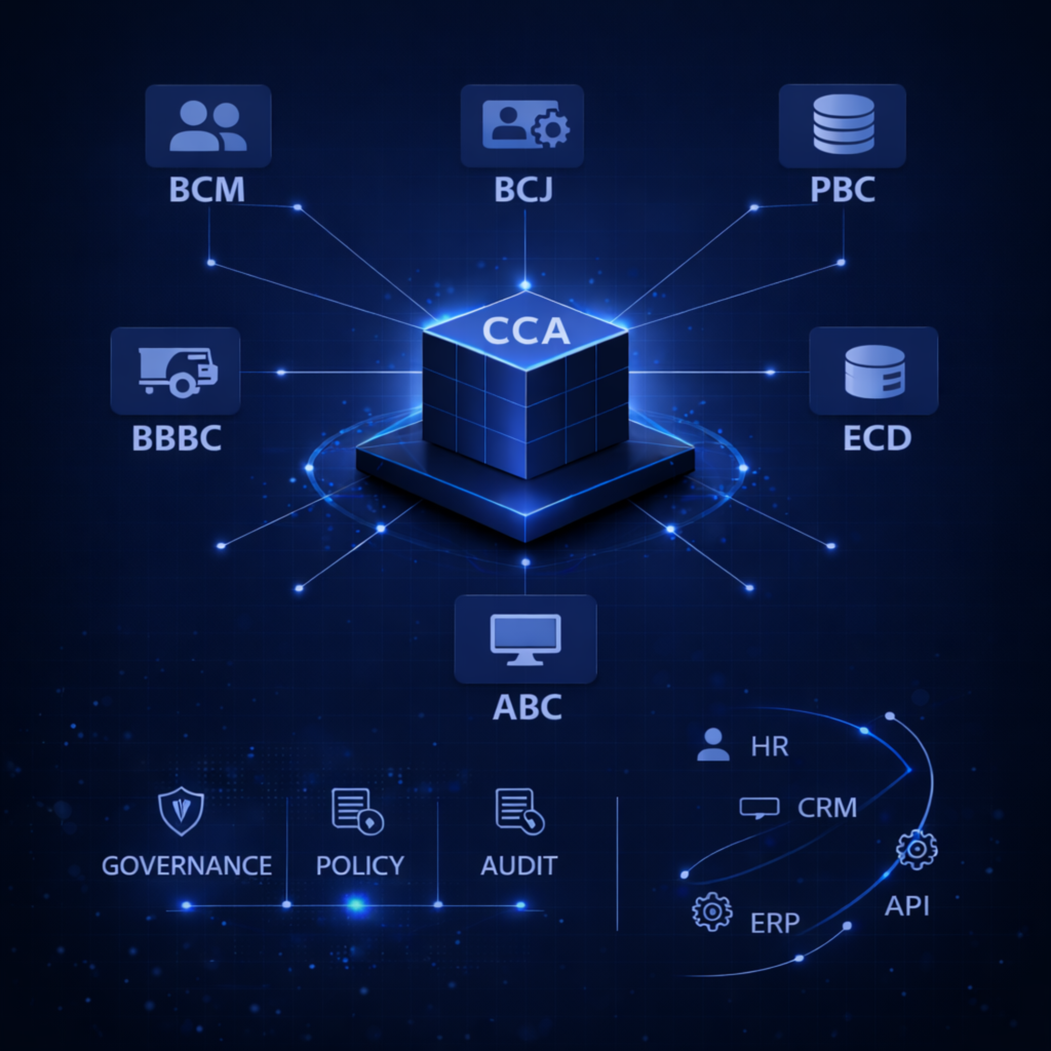 CCA enterprise platform architecture diagram showing governance, integration, and fulfillment layers connected through a centralized API backbone
