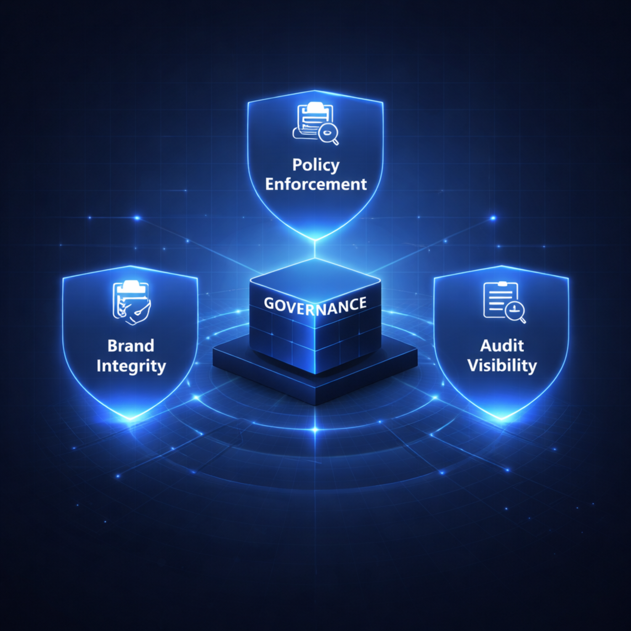 Enterprise governance framework diagram showing role-based access controls, approval workflows, template governance, and audit reporting layers for business card ordering